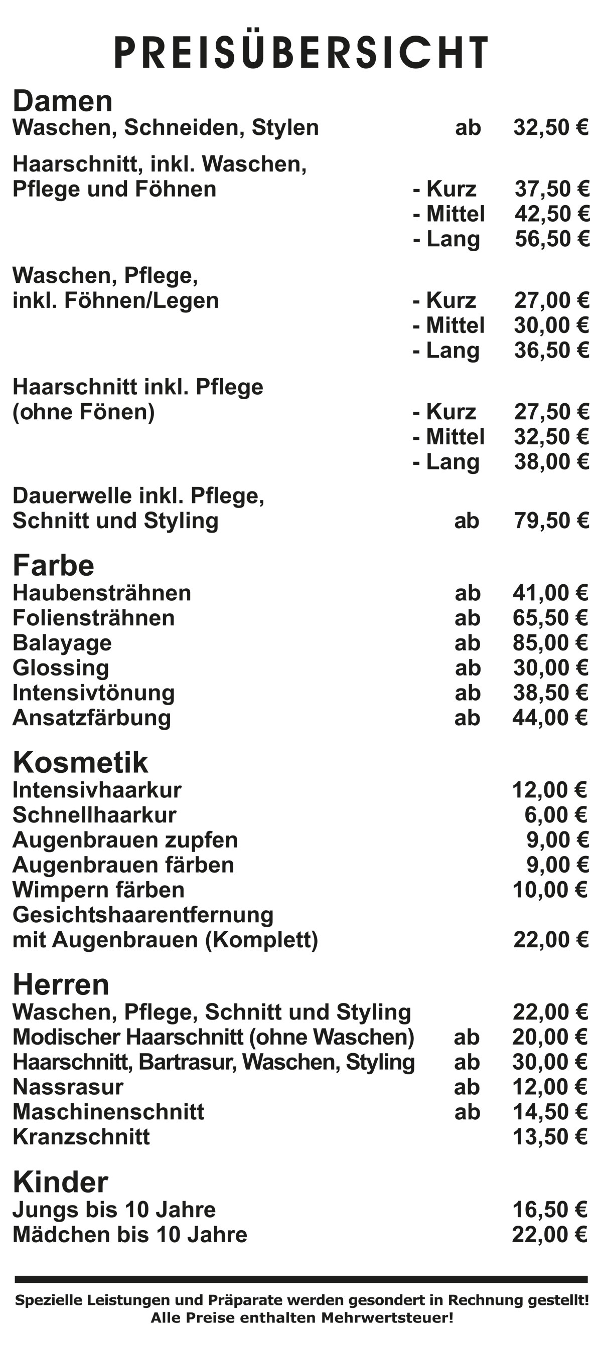 Schwarzweiße Preisübersicht für Friseurleistungen mit Fettüberschriften